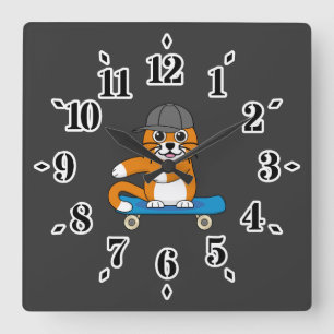 Cute Orange Cat on Skateboard Cartoon Square Wall Clock
