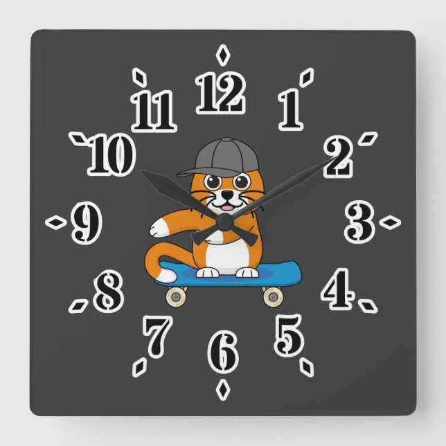 Cute Orange Cat on Skateboard Cartoon Square Wall Clock (Front)