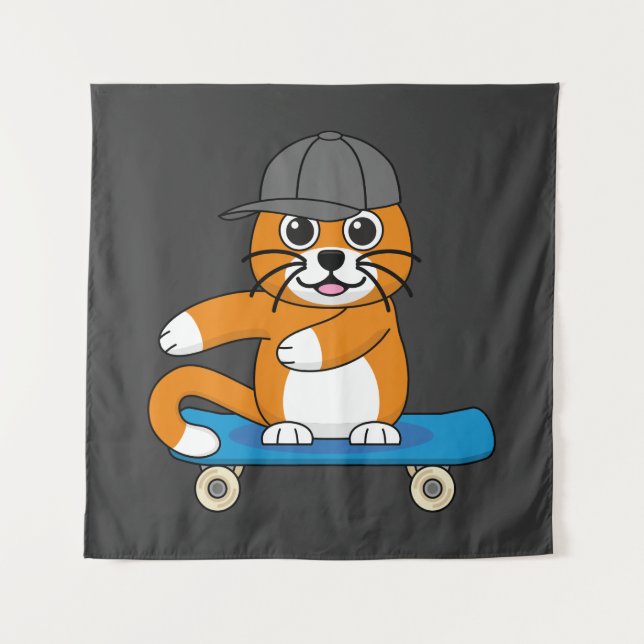 Cute Orange Cat on Skateboard Cartoon Tapestry (Front)