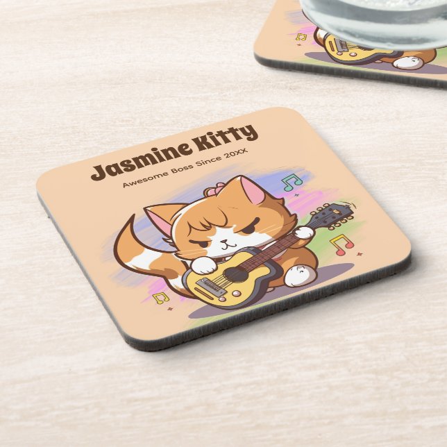 Cute Orange Cat Playing Guitar (Personalise) Coaster (Left Side)