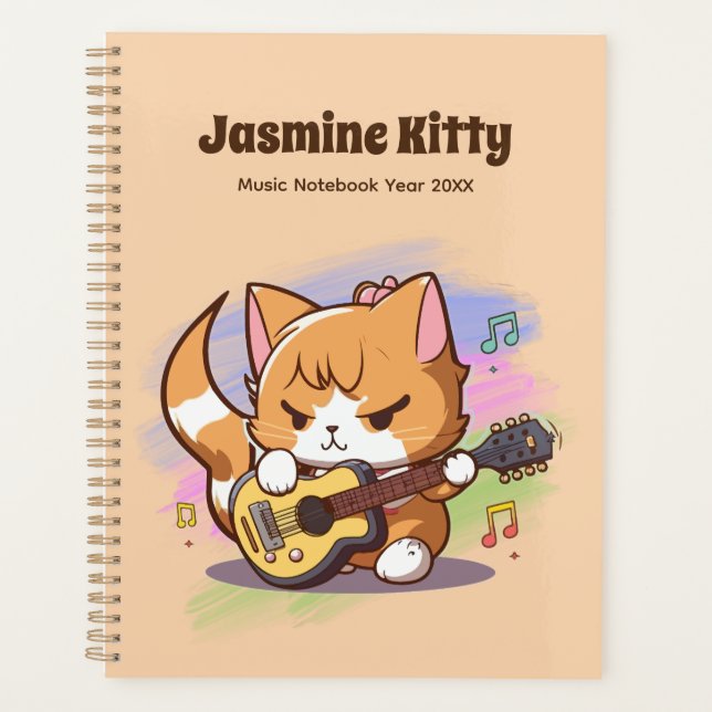 Cute Orange Cat Playing Guitar (Personalise) Planner (Front)