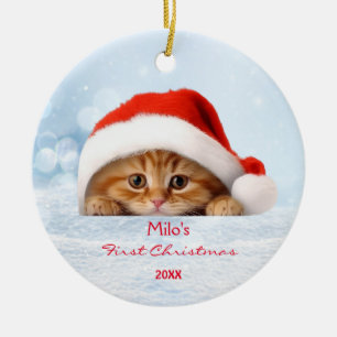 Cute Orange Cat Red Santa Hat Paw Personalized  Ceramic Tree Decoration