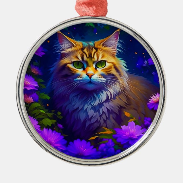 Cute Orange Cat Sitting in Purple Flowers Metal Tree Decoration (Front)