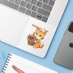 Cute Orange Cat & Spring Flowers: Die-Cut Sticker