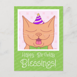 Cute Orange Cat With Birthday Hat Blessings Postcard