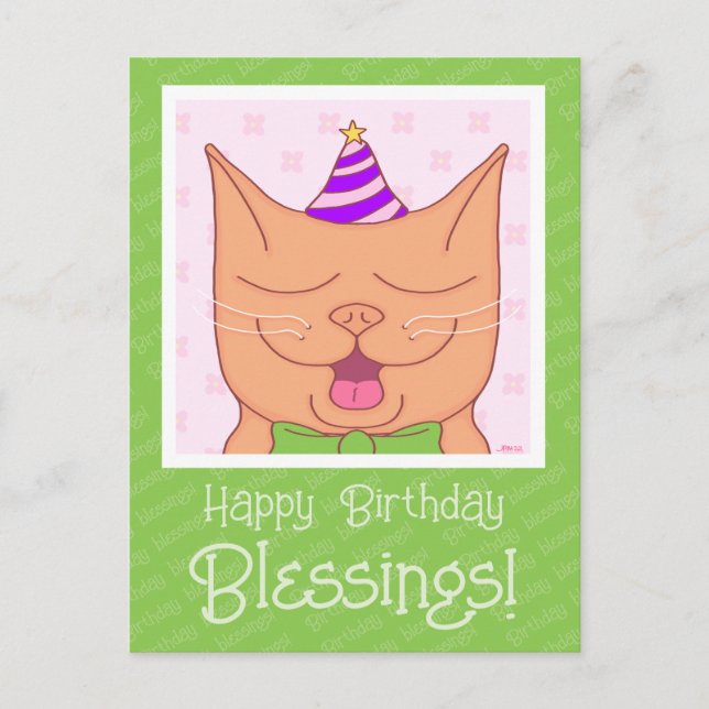 Cute Orange Cat With Birthday Hat Blessings Postcard (Front)