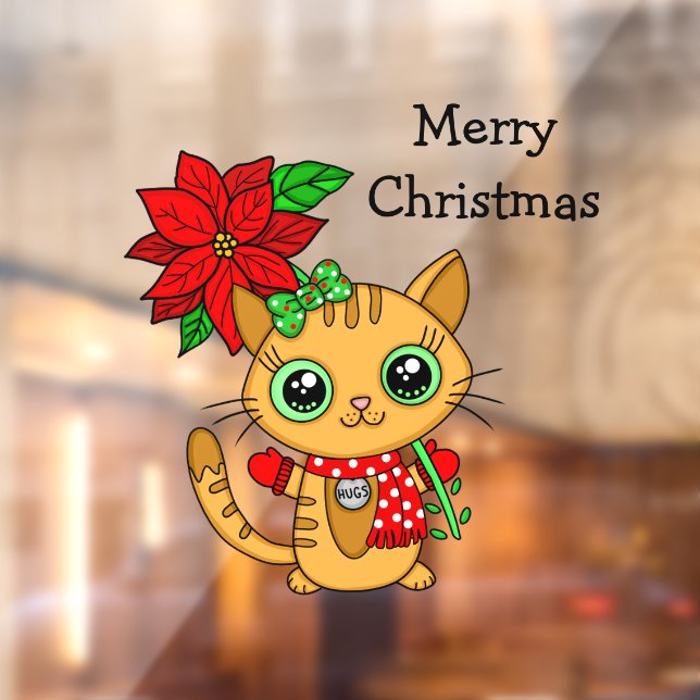 Cute Orange Cat with  Poinsettia Christmas   Window Cling (Sheet 2)