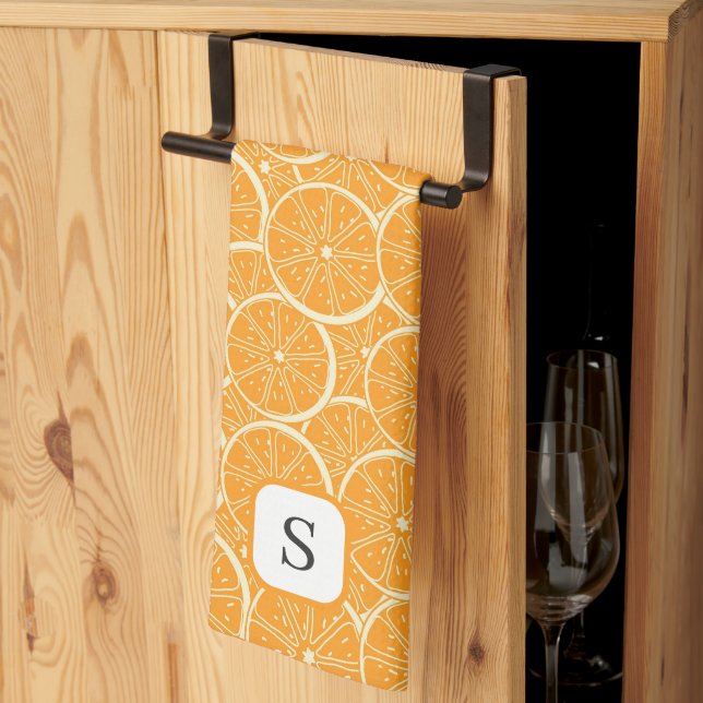 Cute Orange Citrus Fruit Monogrammed Initial Tea Towel (Thirds Fold)