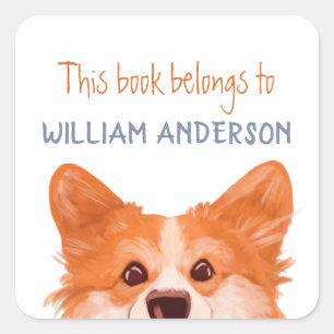 Cute Orange Corgi Dog-This Book Belongs To Name  Square Sticker