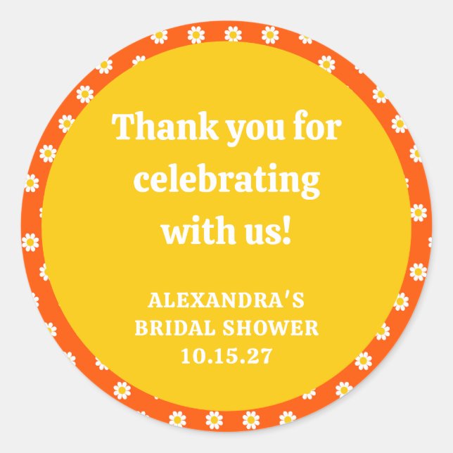 Cute Orange Daisy Bridal Shower Custom Thank You Classic Round Sticker (Front)