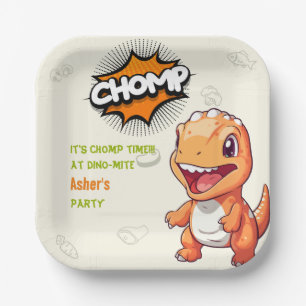 Cute Orange Dinosaur Birthday Party Square Paper Plate