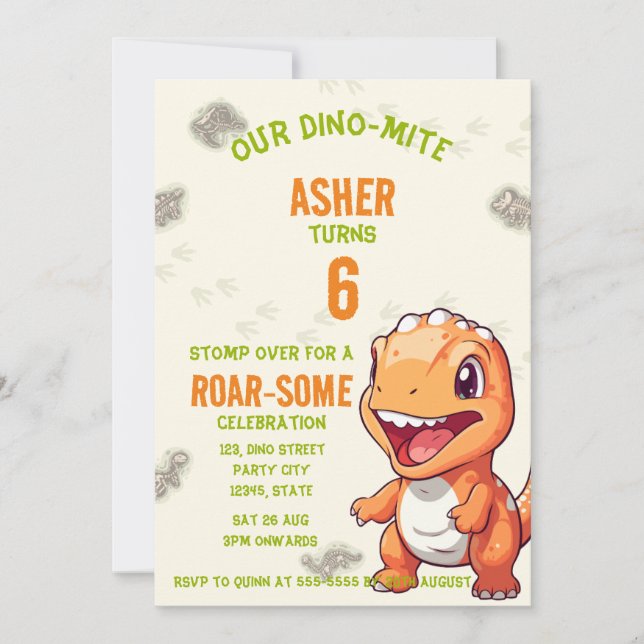 Cute Orange Dinosaur T-Rex Birthday Invite (Front)