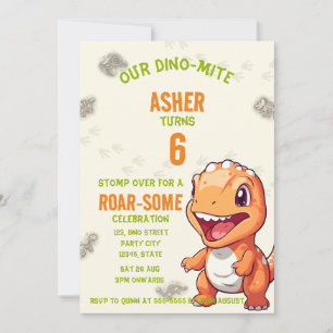 Cute Orange Dinosaur T-Rex Birthday Invite