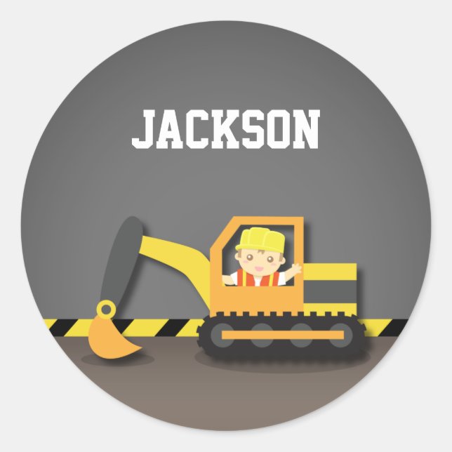 Cute Orange Excavator Construction Builder Boy Classic Round Sticker (Front)