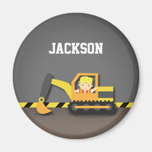 Cute Orange Excavator Construction Builder Boy Magnet