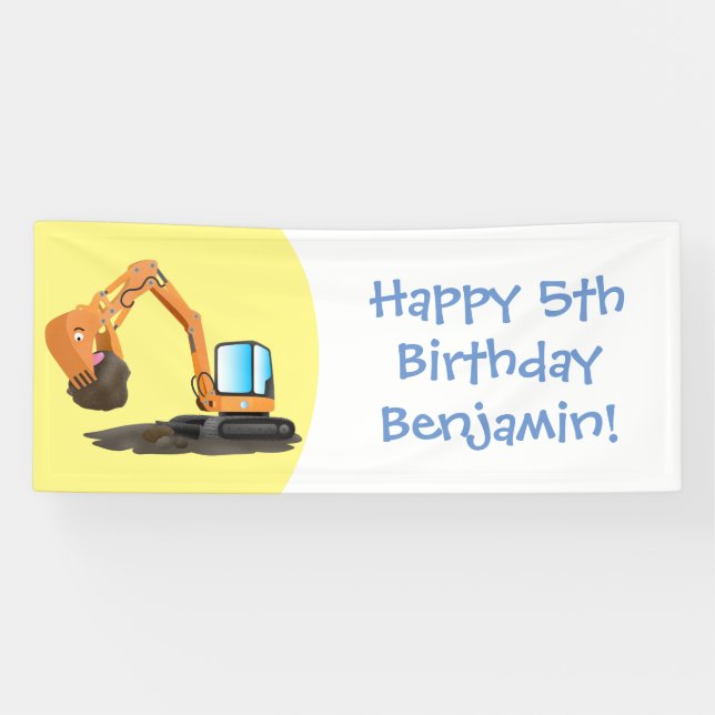 Cute orange excavator digger cartoon banner (Horizontal)