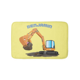 Cute orange excavator digger cartoon bath mat