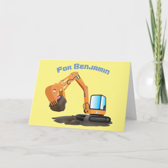 Cute orange excavator digger cartoon card (Front)