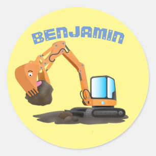 Cute orange excavator digger cartoon classic round sticker