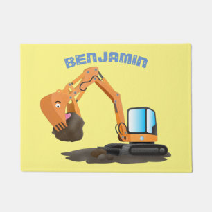 Cute orange excavator digger cartoon doormat