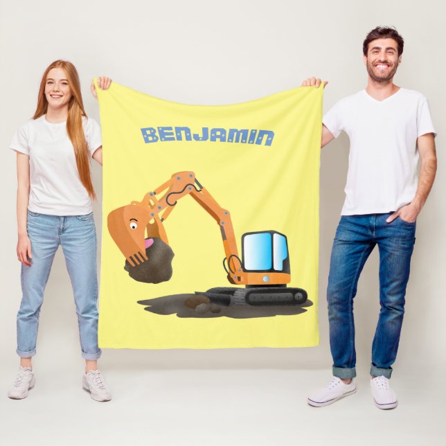 Cute orange excavator digger cartoon fleece blanket (In Situ)