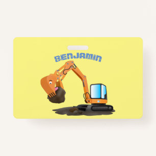 Cute orange excavator digger cartoon ID badge