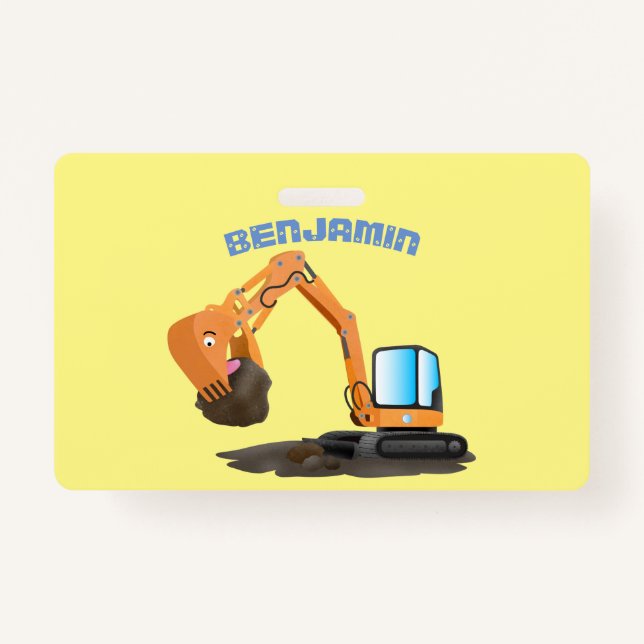 Cute orange excavator digger cartoon ID badge (Front)