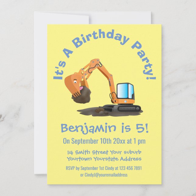 Cute orange excavator digger cartoon invitation (Front)