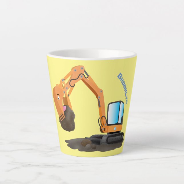 Cute orange excavator digger cartoon latte mug (Front)