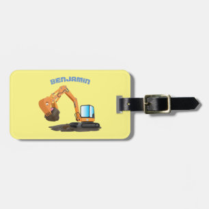 Cute orange excavator digger cartoon luggage tag