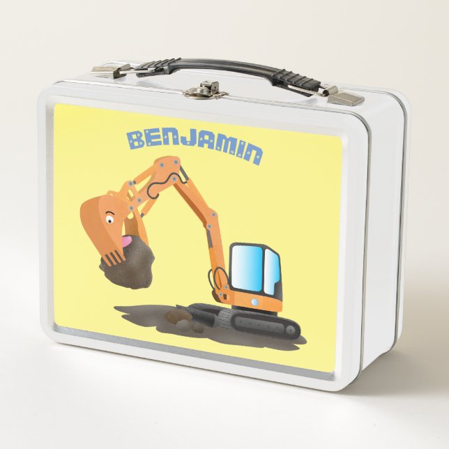 Cute orange excavator digger cartoon metal lunch box (Front)