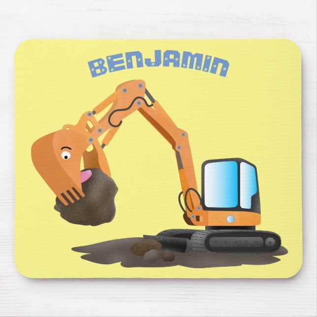 Cute orange excavator digger cartoon mouse mat (Front)