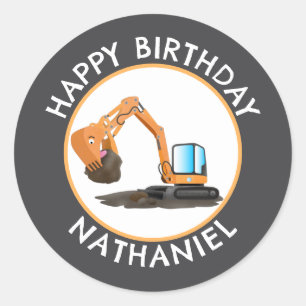 Cute orange excavator digger cartoon personalised classic round sticker