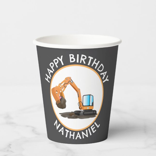 Cute orange excavator digger cartoon personalised paper cups (Front)
