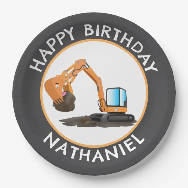 Cute orange excavator digger cartoon personalised paper plate (Front)