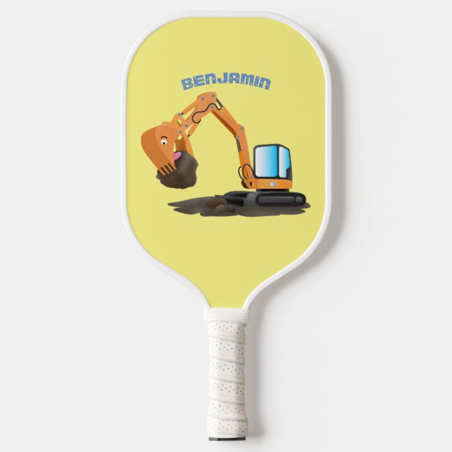 Cute orange excavator digger cartoon pickleball paddle (Front)