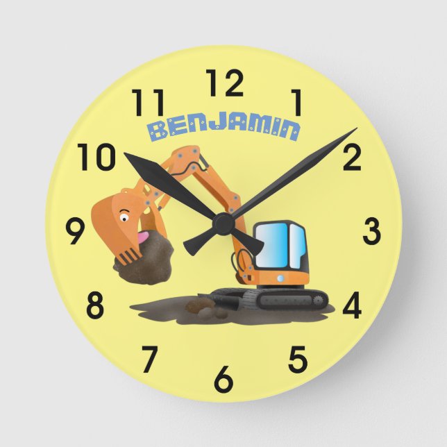 Cute orange excavator digger cartoon round clock (Front)