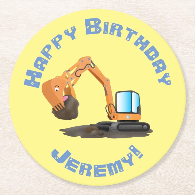 Cute orange excavator digger cartoon round paper coaster (Front)