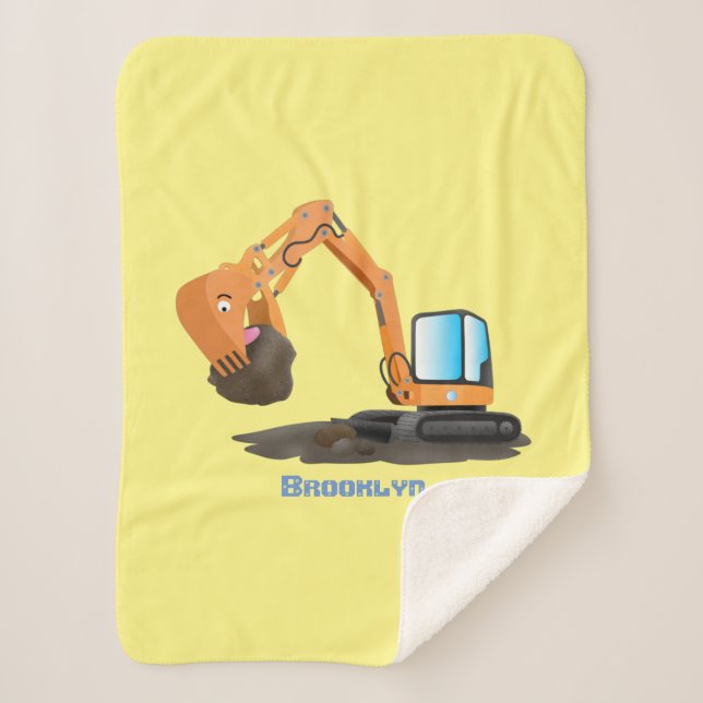 Cute orange excavator digger cartoon sherpa blanket (Front)