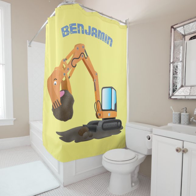Cute orange excavator digger cartoon shower curtain (In Situ)