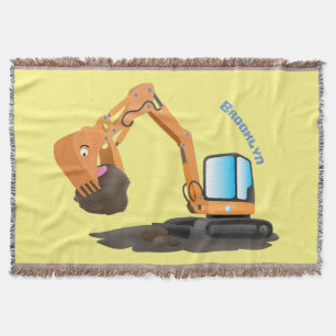 Cute orange excavator digger cartoon throw blanket