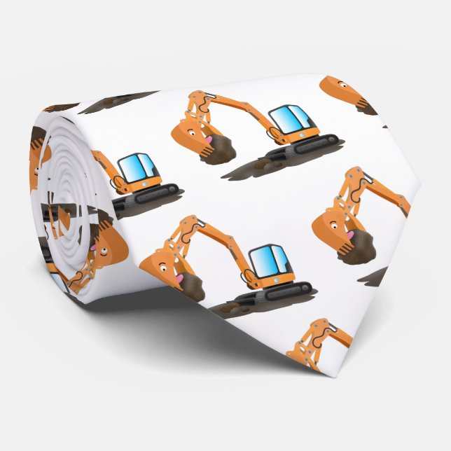 Cute orange excavator digger cartoon tie (Rolled)