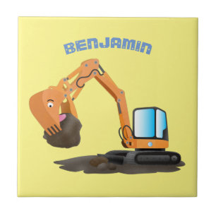 Cute orange excavator digger cartoon tile
