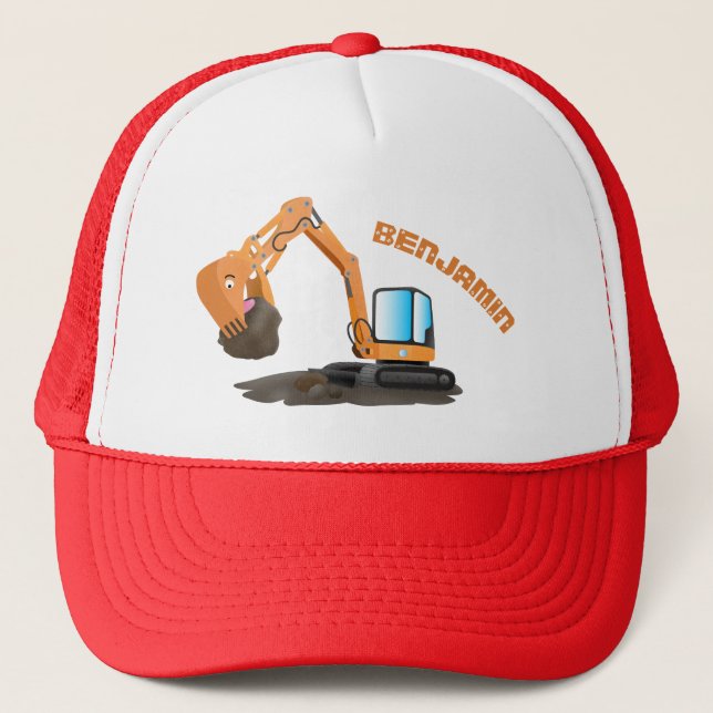 Cute orange excavator digger cartoon trucker hat (Front)