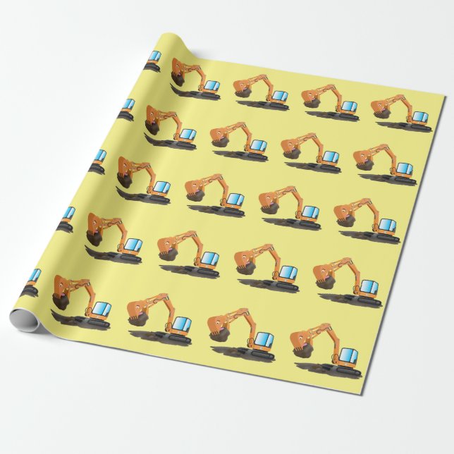 Cute orange excavator digger cartoon wrapping paper (Unrolled)