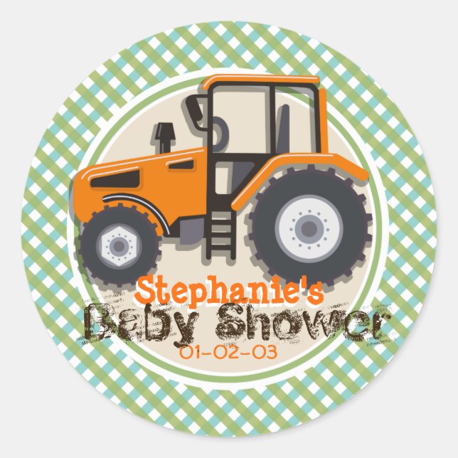 Cute Orange Farm Tractor; Green Plaid Baby Shower Classic Round Sticker (Front)