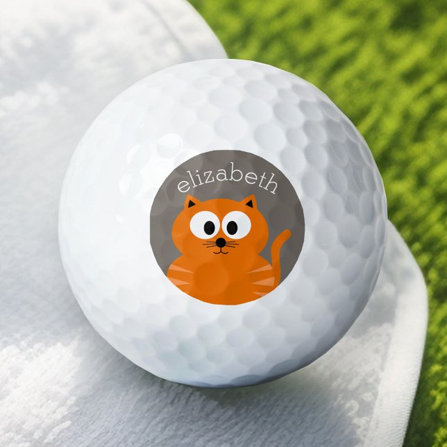 Cute Orange Fat Cat with Taupe Personalised Golf Balls (Add Your Name to this Personalized Golf Ball)