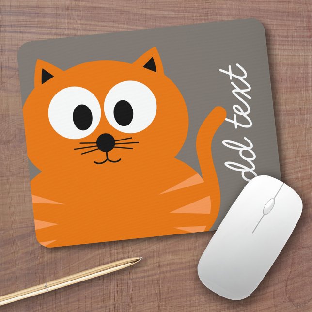 Cute Orange Fat Cat with Taupe Personalised Mouse Mat (Personalized mousepad - Add Custom Text)