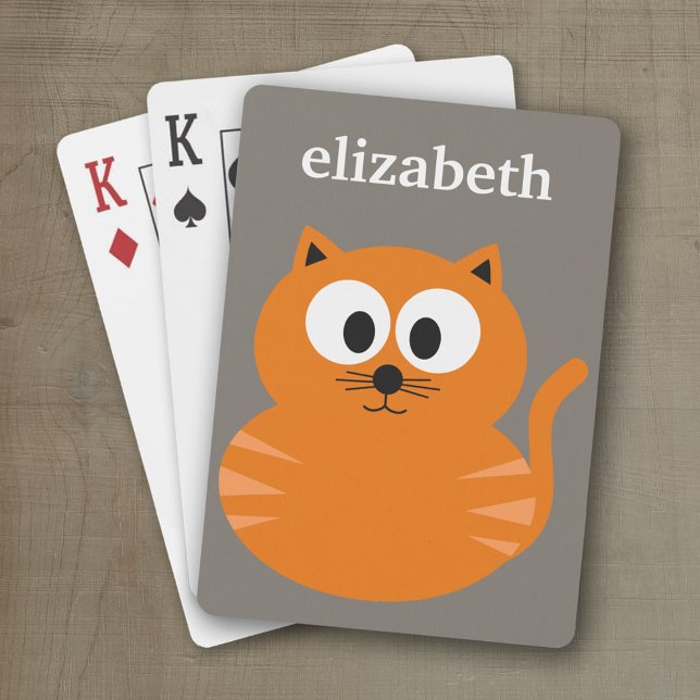 Cute Orange Fat Cat with Taupe Personalised Playing Cards (Personalized playing cards with custom text)