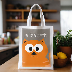 Cute Orange Fat Cat with Taupe Personalised Reusable Grocery Bag